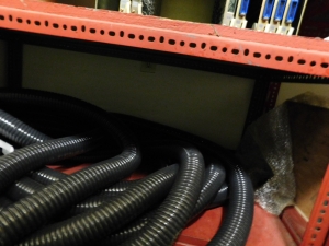 LOT OF (2) SECTIONS OF RED SHELVING W/CONTENTS (SEE PHOTOS)-352