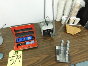 LOT OF TABLETOP ITEMS TO INCLUDE: MITUTOYO TOOLMAKERS MICROSCOPE, AMETEK ACCUFORCE CADET FORCE GAGE, DOLAN-JENNER FIBER-LITE HIGH INTENSITY ILLUMINATOR, SIZE CONTROL MIKEMASTER MS-81-D1 FOR MICROMETER CALLIBRATION:6"(0.500"-5.500"), MITUTOYO 114-202 V-ANVIL MICROMETER W/STAND, STARRETT 483 V-ANVIL MICROMETER W/STAND-379
