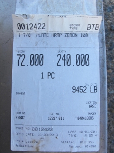 72" X 240" X 2" X 9,452 LBS ZERON 100 METAL PLATE, S/N 16397011 (W-46 YARD) LOADING & HANDLING FEE $25-