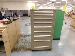 STANLEY VIDMAR 9 DRAWER TOOL/PARTS CABINET, 30"X28"X59", W/CONTENTS TO INCLUDE: 5C COLLETS, SHIM STOCK, & MISC. ITEMS-405