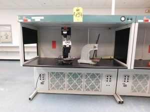 WSI WORKSTATION, 73"X40"X65", LIGHTED & WITH BUILT-IN DUST VACUUM W/FILTERS, PLUS: DAKE NO. Y ARBOR PRESS, BAUSCH & LOMB STEREO ZOOM STAND/MICROSCOPE/& POLOROID CAMERA-434