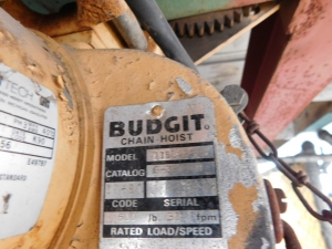 BUDGIT 500 LB. CHAIN HOIST W/MOTOR DRIVEN TROLLEY, MODEL 115842-23-477