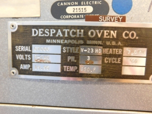 DESPATCH OVEN, MODEL V-23HD, TEMP. 650 DEG. F, INSIDE DIMENSIONS: 38"X20"X27", S/N 67006-81