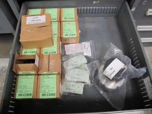 STANLEY VIDMAR CABINET, 5 DRAWER, TO INCLUDE: HYDRAULIC ADJUSTERS, PROBES, PRINTED CIRCUIT BOARDS, HEX NUTS. LOCATED AT W-44. LOADING AND HANDLING FEE $25-354