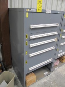 STANLEY VIDMAR CABINET, 5 DRAWER, TO INCLUDE: BALL VALVES, COUPLINGS, FLANGES, RELIEF VALVES, VALVE SPINDLES, PRINTED CIRCUIT BOARDS. LOCATED AT W-44. LOADING AND HANDLING FEE $25-355