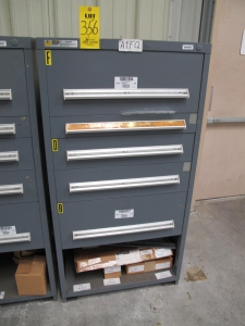 STANLEY VIDMAR CABINET, 5 DRAWER, TO INCLUDE: POPPET VALVES, PIPE REDUCERS, TRANSDUCERS, INPUT AND OUTPUT RELAYS. LOCATED AT W-44. LOADING AND HANDLING FEE $25-356