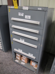 STANLEY VIDMAR CABINET, 5 DRAWER, TO INCLUDE: PIPE NIPPLES, CONNECTORS, SOLENOID VALVES, PRINTED CIRCUIT BOARDS. LOCATED AT W-44. LOADING AND HANDLING FEE $25-359