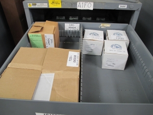 STANLEY VIDMAR CABINET, 5 DRAWER, TO INCLUDE: PIPE NIPPLES, CONNECTORS, SOLENOID VALVES, PRINTED CIRCUIT BOARDS. LOCATED AT W-44. LOADING AND HANDLING FEE $25-359