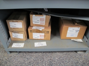 STANLEY VIDMAR CABINET, 5 DRAWER, TO INCLUDE: PIPE NIPPLES, CONNECTORS, SOLENOID VALVES, PRINTED CIRCUIT BOARDS. LOCATED AT W-44. LOADING AND HANDLING FEE $25-359