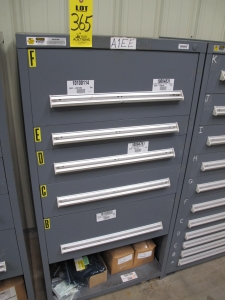STANLEY VIDMAR CABINET, 5 DRAWER, TO INCLUDE: RELAYS, CONTACT BLOCKS, AIR COMPRESSOR PARTS, RELIEF VALVE. LOCATED AT W-44. LOADING AND HANDLING FEE $25-365