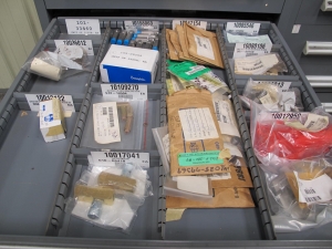 STANLEY VIDMAR CABINET, 5 DRAWER, TO INCLUDE: CAPACITORS, DETECTORS, CONTROL VALVES, TUBE CONNECTORS, COMPRESSOR VALVES, SEAT VALVES, RECTIFIERS, CONNECTOR, MOTOR CHART DRIVES. . LOCATED AT W-44. LOADING AND HANDLING FEE $25-368