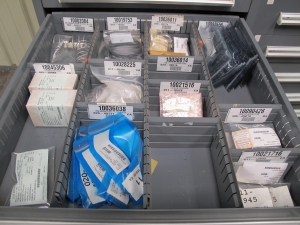 STANLEY VIDMAR CABINET, 5 DRAWER, TO INCLUDE: CAPACITORS, DETECTORS, CONTROL VALVES, TUBE CONNECTORS, COMPRESSOR VALVES, SEAT VALVES, RECTIFIERS, CONNECTOR, MOTOR CHART DRIVES. . LOCATED AT W-44. LOADING AND HANDLING FEE $25-368