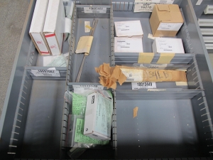 STANLEY VIDMAR CABINET, 5 DRAWER, TO INCLUDE: CAPACITORS, DETECTORS, CONTROL VALVES, TUBE CONNECTORS, COMPRESSOR VALVES, SEAT VALVES, RECTIFIERS, CONNECTOR, MOTOR CHART DRIVES. . LOCATED AT W-44. LOADING AND HANDLING FEE $25-368