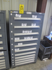 STANLEY VIDMAR CABINET, 11 DRAWER, TO INCLUDE: TUBE PLUGS, VALVES, SPRINGS, PINS, CIRCUIT BREAKERS, CAPACITORS. LOCATED AT W-44. LOADING AND HANDLING FEE $25-370