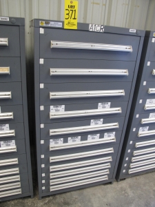 STANLEY VIDMAR CABINET, 11 DRAWER, TO INCLUDE: GASKETS, PRESSURE REGULATORS, INCANDESCENT LIGHTS, COUPLING SLEEVES, PRINTEDC CIRCUIT BOARDS, AIR FILTERS, BUSHINGS. LOCATED AT W-44. LOADING AND HANDLING FEE $25-371