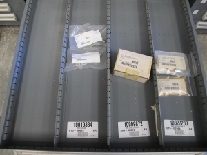 STANLEY VIDMAR CABINET, 11 DRAWER, TO INCLUDE: GASKETS, PRESSURE REGULATORS, INCANDESCENT LIGHTS, COUPLING SLEEVES, PRINTEDC CIRCUIT BOARDS, AIR FILTERS, BUSHINGS. LOCATED AT W-44. LOADING AND HANDLING FEE $25-371
