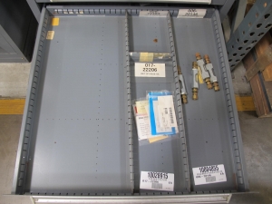 STANLEY VIDMAR CABINET, 11 DRAWER, TO INCLUDE: LIGHT BULBS, CHECK VALVES, PNUEMATIC TIME DELAY ATTACHMENTS, DEFLECTORS, CAMERA LENS, RECTIFIER, MISC MODULES, PRESSURE GAUGE, COMPRESSOR PISTONS. LOCATED AT W-50 . LOADING AND HANDLING FEE $25-372