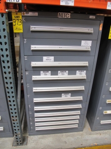 STANLEY VIDMAR CABINET, 11 DRAWER, TO INCLUDE: BIFURCATED CONTACTS, HINGES, BRACKETS, CORDS, MISC MODULES, THERMOWELLS, ELECTRICAL CONNECTORS, PROTECTORS, ELECTRIC VOLT METERS, PROBES. LOCATED AT W-50 . LOADING AND HANDLING FEE $25-373