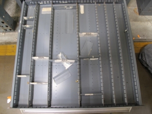 STANLEY VIDMAR CABINET, 11 DRAWER, TO INCLUDE: BIFURCATED CONTACTS, HINGES, BRACKETS, CORDS, MISC MODULES, THERMOWELLS, ELECTRICAL CONNECTORS, PROTECTORS, ELECTRIC VOLT METERS, PROBES. LOCATED AT W-50 . LOADING AND HANDLING FEE $25-373