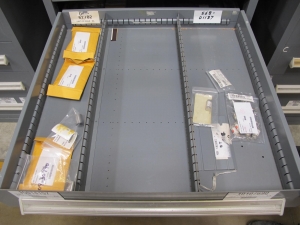 STANLEY VIDMAR CABINET, 11 DRAWER, TO INCLUDE: AMP METER, THERMOSTAT, TRANSMITTER ASSEMBLY, CONNECTOR SLEEVES, SPECTROME AMPLIFIER, PILOT RELAY, FUSES, FLOAT MONELS, CORDS. LOCATED AT W-50 . LOADING AND HANDLING FEE $25-374