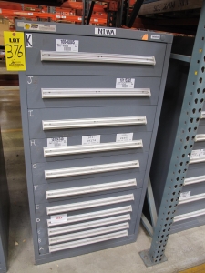 STANLEY VIDMAR CABINET, 11 DRAWER, TO INCLUDE: POWER MONITORS, ELECTRICAL CONNECTORS, CONDUCTORS, COMPRESSOR CIRCUITS, TERMINAL BLOCKS, HEX NUTS, LED LIGHTS, MODULES, VOLT METERS. LOCATED AT W-50 . LOADING AND HANDLING FEE $25-376