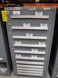STANLEY VIDMAR CABINET, 11 DRAWER, TO INCLUDE: CARTIDGES, PROBES, FIRE ALARMS, CONNECTORS, TRANSDUCER. LOCATED AT W-50 . LOADING AND HANDLING FEE $25-378
