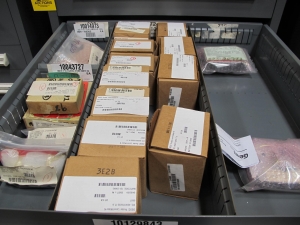 STANLEY VIDMAR CABINET, 11 DRAWER, TO INCLUDE: CARTIDGES, PROBES, FIRE ALARMS, CONNECTORS, TRANSDUCER. LOCATED AT W-50 . LOADING AND HANDLING FEE $25-378