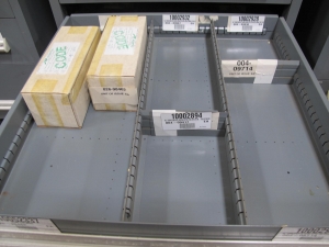 STANLEY VIDMAR CABINET, 11 DRAWER, TO INCLUDE: CARTIDGES, PROBES, FIRE ALARMS, CONNECTORS, TRANSDUCER. LOCATED AT W-50 . LOADING AND HANDLING FEE $25-378