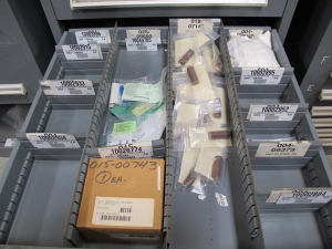 STANLEY VIDMAR CABINET, 11 DRAWER, TO INCLUDE: CARTIDGES, PROBES, FIRE ALARMS, CONNECTORS, TRANSDUCER. LOCATED AT W-50 . LOADING AND HANDLING FEE $25-378