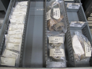 STANLEY VIDMAR CABINET, 11 DRAWER, TO INCLUDE: CARTIDGES, PROBES, FIRE ALARMS, CONNECTORS, TRANSDUCER. LOCATED AT W-50 . LOADING AND HANDLING FEE $25-378