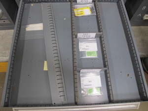 STANLEY VIDMAR CABINET, 11 DRAWER, TO INCLUDE: CARTIDGES, PROBES, FIRE ALARMS, CONNECTORS, TRANSDUCER. LOCATED AT W-50 . LOADING AND HANDLING FEE $25-378