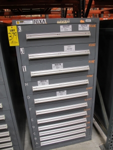 STANLEY VIDMAR CABINET, 11 DRAWER, TO INCLUDE: SPROCKETS, KNOBS, FLANGES, SYNCHROSCOPE, RESISTANCE DETECTORS, COMPRESSOR DETECTOR, SHEAVE, COVERS, POWER SUPPLIES, RESISTORS. LOCATED AT W-50 . LOADING AND HANDLING FEE $25-379