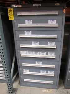 STANLEY VIDMAR CABINET, 8 DRAWER, TO INCLUDE: THERMOMETER, PHONE CORDS, RELAYS, HYGROMETERS, TERMINAL WIRES, FILTERS, MISC BRASS PARTS, SCREW KIT FOR ROSEMOUNT TRANSMITTERS. LOCATED AT W-50 . LOADING AND HANDLING FEE $25-384
