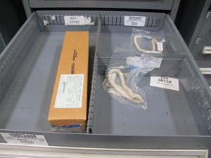 STANLEY VIDMAR CABINET, 8 DRAWER, TO INCLUDE: THERMOMETER, PHONE CORDS, RELAYS, HYGROMETERS, TERMINAL WIRES, FILTERS, MISC BRASS PARTS, SCREW KIT FOR ROSEMOUNT TRANSMITTERS. LOCATED AT W-50 . LOADING AND HANDLING FEE $25-384