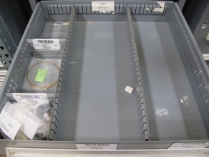 STANLEY VIDMAR CABINET, 8 DRAWER, TO INCLUDE: THERMOMETER, PHONE CORDS, RELAYS, HYGROMETERS, TERMINAL WIRES, FILTERS, MISC BRASS PARTS, SCREW KIT FOR ROSEMOUNT TRANSMITTERS. LOCATED AT W-50 . LOADING AND HANDLING FEE $25-384