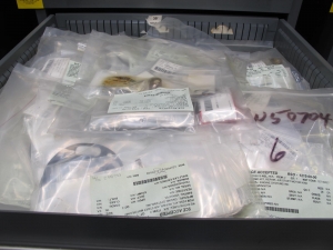 STANLEY VIDMAR CABINET, 8 DRAWER, TO INCLUDE: TERMINAL BLOCK/OUTLETS, BRAKE LINING, MOTOR REPAIR KITS, TEMPERATURE METERS, CONTROLLERS, HEADSETS, MANOMETER SLIDES. LOCATED AT W-50 . LOADING AND HANDLING FEE $25-385