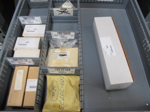 STANLEY VIDMAR CABINET, 8 DRAWER, TO INCLUDE: TERMINAL BLOCK/OUTLETS, BRAKE LINING, MOTOR REPAIR KITS, TEMPERATURE METERS, CONTROLLERS, HEADSETS, MANOMETER SLIDES. LOCATED AT W-50 . LOADING AND HANDLING FEE $25-385