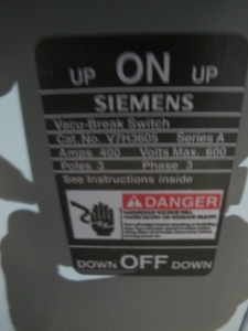 INDUSTRIAL ELECTRIC MANUFACTURING, MOTOR CONTROL CENTER, VOLTS 480, 60 HZ, THREE PHASE, SECTION AMPS 2000, SUPPLY AMPS 4000, R.M.S SYMMETRICAL AMPS 65000, 3 COLUMN WITH (8) SIEMENS VACU-BRAKE SWITCH BREAKERS. 600 AMP, 600 VOLT MAX, THREE POLE, THREE PHASE, (1) SIEMENS VACU-BRAKE SWITCH BREAKER, 400 AMP, 400 MAX VOLTS, THREE POLE, THREE PHASE. LOCATED AT W-50 . LOADING AND HANDLING FEE $200-387