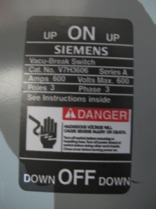 INDUSTRIAL ELECTRIC MANUFACTURING, MOTOR CONTROL CENTER, VOLTS 480, 60 HZ, THREE PHASE, SECTION AMPS 2000, SUPPLY AMPS 4000, R.M.S SYMMETRICAL AMPS 65000, 3 COLUMN WITH (8) SIEMENS VACU-BRAKE SWITCH BREAKERS. 600 AMP, 600 VOLT MAX, THREE POLE, THREE PHASE, (1) SIEMENS VACU-BRAKE SWITCH BREAKER, 400 AMP, 400 MAX VOLTS, THREE POLE, THREE PHASE. LOCATED AT W-50 . LOADING AND HANDLING FEE $200-387