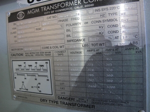 MGM DRY TYPE TRANSFORMER, 2000/2667 KVA, 3 PHASE, 60 HZ, TYPE-HT, CLASS AA/FA/, 4160 HV, 480 Y/277 LV, CAT # AD374-Y0174, S/N 08-10-00-11830A. LOCATED AT W-50 . LOADING AND HANDLING FEE $200-388
