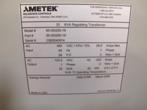 AMETEK TRANSFORMER, REGULATING KIND, SINGLE PHASE, 25 KVA, 480 INPUT, 120VAC OUTPUT VOLT RATING. ECP 020801575-14900-3 STYLE, SS INTERNALS TRIM, PILOT OPERATOR. WITH INCONBEL DISC SPRING ON MAIN VALVE. LOCATED AT W-50 . LOADING AND HANDLING FEE $25-392