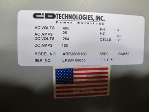 C&D TECHNOLOGIES BATTERY CHARGER, MODEL # ARR260K100, 400A VOLT, 3 PHASE, 60 HZ, S/N LPS0406655. LOCATED AT W-50 . LOADING AND HANDLING FEE $25-393