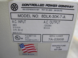 CONTROLLED POWER COMPANY, MODEL # 8DLX-30K-7-A, TRANSFORMER, CONTROL POWER TYPE, INPUT=38 AMPS, OUTPUT=83 AMP, 480-208/120 VOLT RATING, 3 PHASE, 30 KVA. REF AR 010300502. LOCATED AT W-50 . LOADING AND HANDLING FEE $25-404