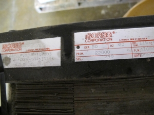 ISOREG TRANSFORMER, TURBINE/GENERATOR TYPE, GROUNDING APPLICATION, DISTRIBUTION KIND, 50KVA, 22000/440V, 60HZ, SILICON FILLED OTHER. P60HZ, 18/8A OTHER. 3495 RPM, 184JM34 FRAME, TEFC ENCLOSURE, CONTINUOUS DUTY, 1.25 SERVICE FACTOR, 7/8" DIA SHAFT, FOOT MOUNT. LOCATED AT W-50 . LOADING AND HANDLING FEE $25-412