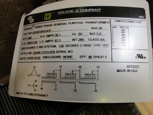 (4) SQUARE-D TRANSFORMERS, 3 PHASE, 30 KVA, 480-208Y/120 VOLT RATING. DRY, 4 WIRE, WITH FUSE FOR MOTOR CONTROL CENTER, COPPER WINDINGS, OPENTYPE. STYLE NUMBER 26143- 23300 (144777).. LOCATED AT W-50 . LOADING AND HANDLING FEE $25-416