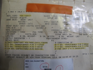 CONSTANT VOLTAGE TYPE, INVERTER KIND. 15KVA, WITH TRANSFORMER T-1256A, TRANSFORMER T-850C, TRANSFORMER T-851B, TRANSFORMER T-125B, AND 14 CAPACITORS 020138 FOR INVERTERS. LOCATED AT W-50 . LOADING AND HANDLING FEE $25-427
