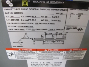 (1) SQUARE-D TRANSFORMER, POWER TYPE, 30KVA RATING, 208V DELTA PRIMARY, 208Y-120VAC SECONDARY. LOCATED AT W-50 . LOADING AND HANDLING FEE $25-430