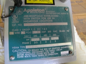 (29) APPLETON RECEPTACLES, ELECTRICAL TYPE, 2/0 TO #14 CU-AL WIRE, 600VOLTS ELEC RATING, 3W,4P KIND. SWITCHED, DEAD FRONT INTERLOCKED. LOCATED AT W-50 . LOADING AND HANDLING FEE $25-452