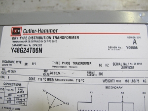CUTLER-HAMMER TRANSFORMER, 6 KVA, 480 DELTA TO 240 DELTA VOLT RATING, POWER KIND, 3 PHASE.. LOCATED AT W-50 . LOADING AND HANDLING FEE $25-454