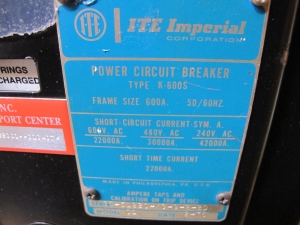 ITE IMPERIAL CORPORATION, POWER CIRCUIT BREAKER TYPE K-600S. LOCATED AT W-50 . LOADING AND HANDLING FEE $25-455